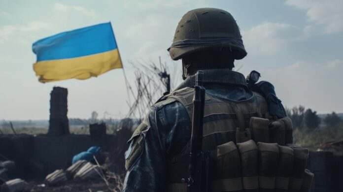 Soldat und Ukraine Flagge