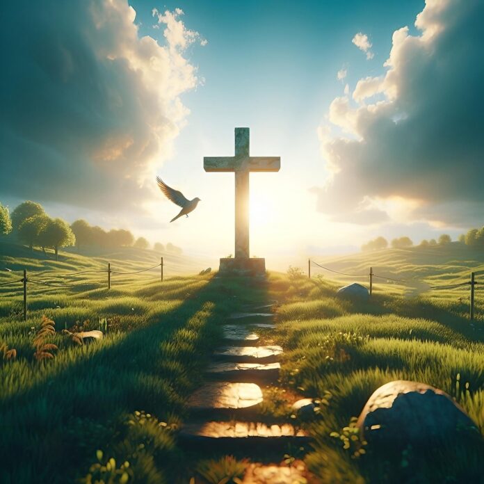 Ein Kreuz mit einer Taube im Vordergrund und der bewölkte Himmel bricht auf und Sonnentrahlen brechen durch.
