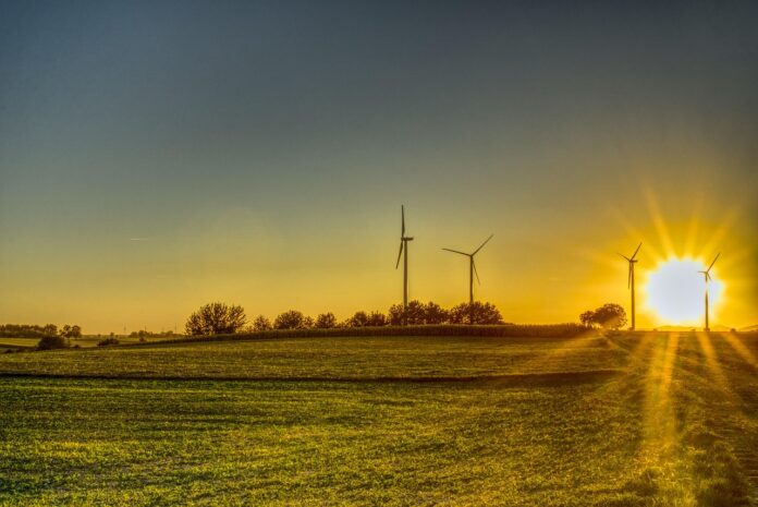 Ein Blick in die Landschaft. Im Vordergrund grüne Wiesen im Hintergrund stehen Windräder, durch die die Sonne scheint.