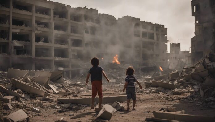 Zwei Kinder zwischen Trümmern in einer Kriegszone