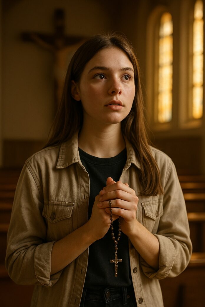 Junge Frau betet in einer Kirche mit Rosenkranz in den Händen, im Hintergrund ein Kruzifix und bunte Kirchenfenster, Symbol für die spirituelle Suche der Generation Z