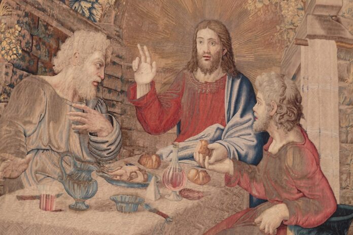 Jesus nach der Auferstehung beim Brotbrechen mit den Emmaus-Jüngern