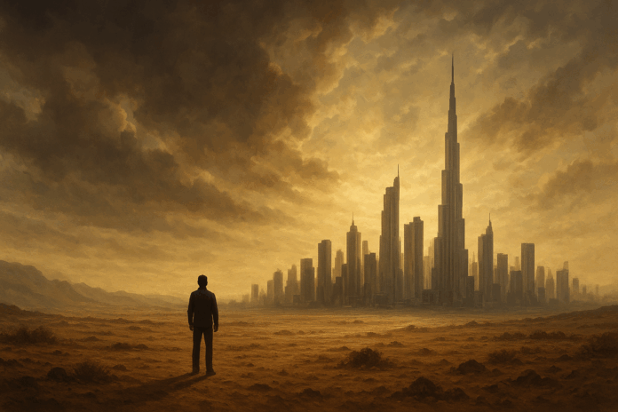 Mensch steht vor einer Stadt in der Wüste