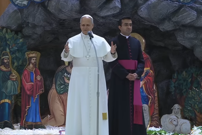 Papst Leo XIV. vor der Krippe in der Audienzhalle