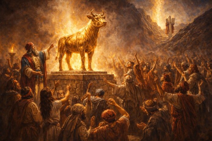 Ein Stier steht auf einem Sockel und um ihn herum viele Menschen.